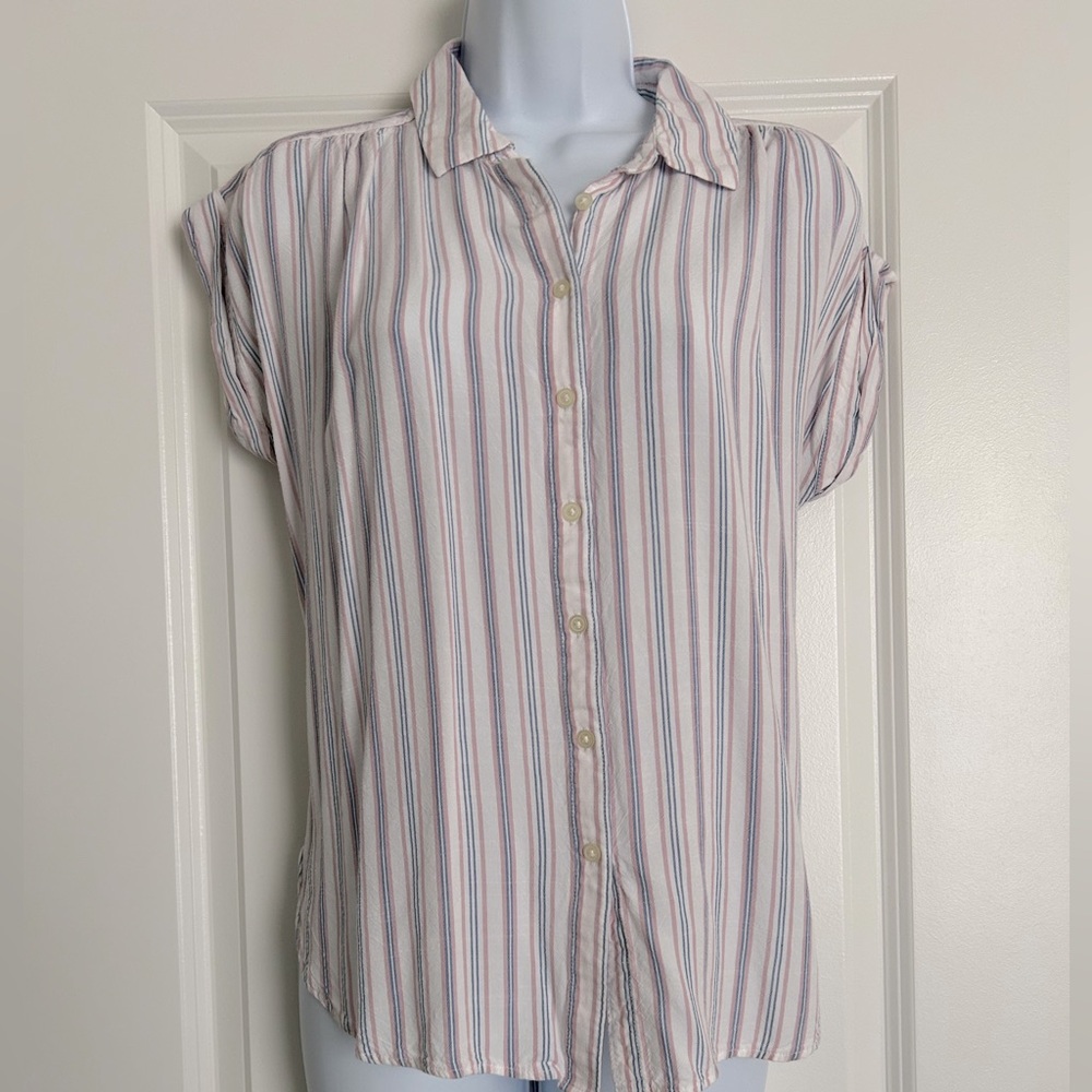 LOFT Dolman Striped Button-Up Women's Top Size Small White/Light Pink/Blue